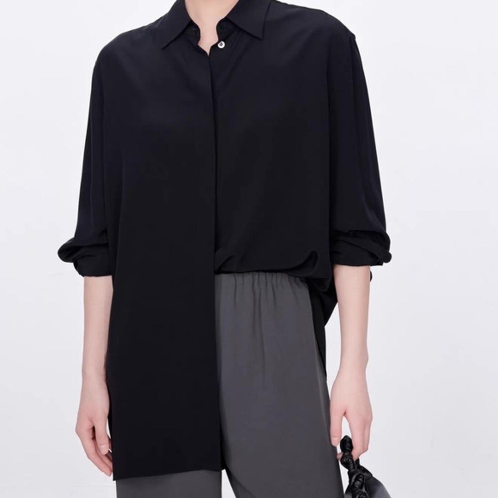 CHICJOC 100% Mulberry Silk Oversized Black Shirt Blouse Size 38